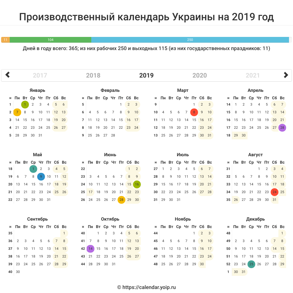 Производственный календарь Украины на 2019 год